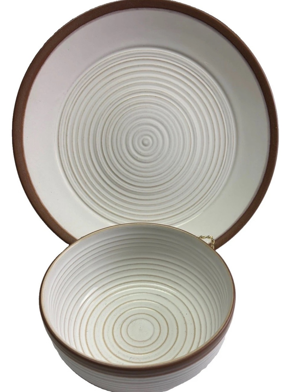 Pfaltzgraff Everyday Carmen White
 with Brown Rim dinner plate and cereal bowl